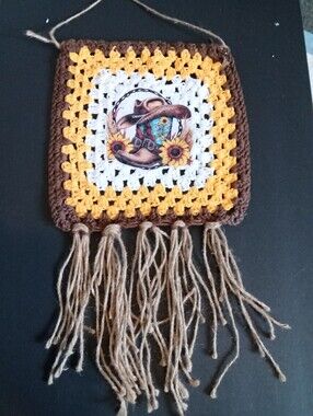 Handmade Crochet Wall Hanging with Cowboy Boot Patch - Yellow, White, Brown